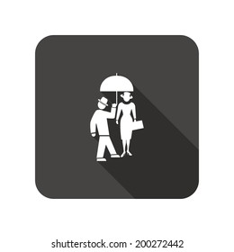 Couple flirt icon. Husband gives umbrella to wife silhouette symbol. Rounded square flat icon with long shadow. Vector