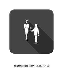 Couple flirt icon. Husband gives flower to wife silhouette symbol. 8 March. Rounded square flat icon with long shadow. Vector