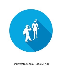 Couple flirt icon. Husband and wife on the fashion show silhouette symbol. Social events. Round circle flat icon with long shadow. Vector