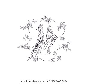 Couple flirting outline sketch drawing illustration with rose flowers around. Couple walking trough nature vector black outline logo drawing. Retro vintage man and woman walking in love looks modern.