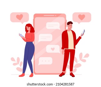 Couple flirting and sending sweet text messages for boyfriend or girlfriend. Sending romantic words of love by phone for crush. Flirty text conversation. Vector illustration isolated on white 