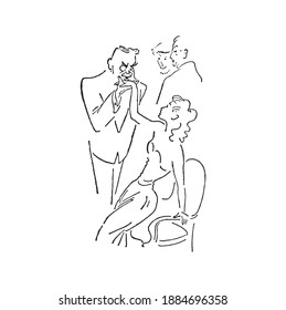 Couple flirting and trying to impress each other, hand drawn outline illustration. Simple male and two females impressed and excited pen drawing logo image.