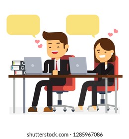 Couple flirting while working with laptop over desk,Happy Valentine's Day