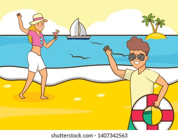 couple with float and cocktail beach vacations vector illustration