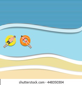 Couple floating on the beach with beautiful sea background paper cut style vector illustration