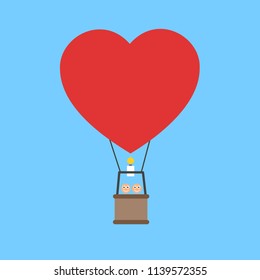 Couple is floating on the hot-air baloon because of their love and romantic relationship. Romance as positive and uplifting emotion and feeling. Vector illustration