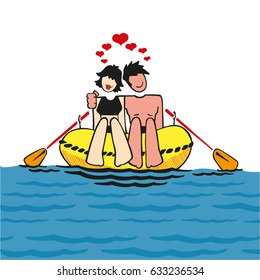 Couple floating on a rubber dinghy