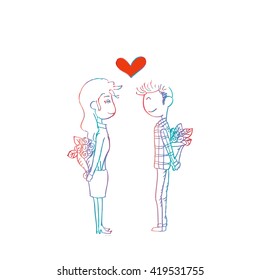 Couple with flowers. Cartoon style.