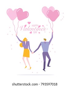 Couple flying with balloon heart. Valentine's day calligraphy. Romantic Background Vector illustration