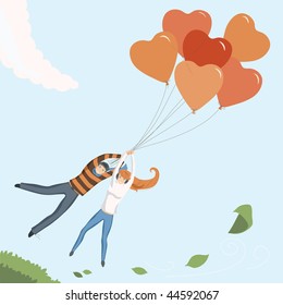 Couple flying by orange heart balloon