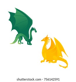 Couple of flying dragon fictional characters, mythical creatures, side view flat vector illustration isolated on white background. Green and yellow dragon creatures with wings and long tails