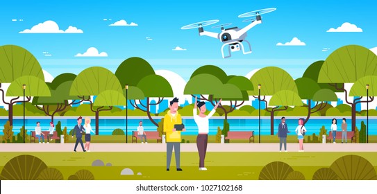 Couple Flying Drone In Park Man And Woman Using Remote Controller Play With Copter Outdoors Flat Vector Illustration