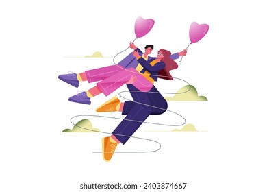 Couple flying with heart balloons during valentine illustration