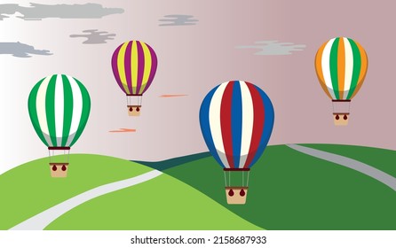 Couple flying hot air balloon above mountains. Air balloon festival vector flat illustration. Romantic summer travel concept.
