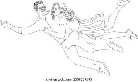 Couple flying on air line drawing 