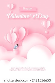Una pareja que vuela sobre nubes con globo de corazones rosados en estilo de corte de papel y ejemplos de textos sobre fondo de patrón de papel rosa. Tarjeta de saludo de San Valentín en diseño vectorial.