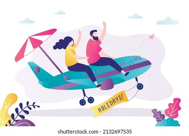 Couple flying on holidays on airplane. Man and girl go on long-awaited vacation by plane. Promotion banner. People take off astride aircraft. Time to travel. Flight to warm country.Vector illustration