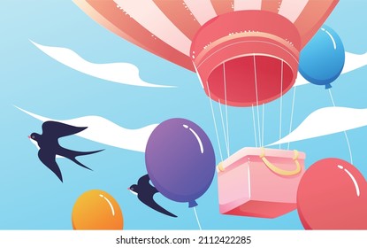 A couple flying in the sky in a hot air balloon, vector illustration