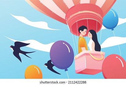 A couple flying in the sky in a hot air balloon, vector illustration