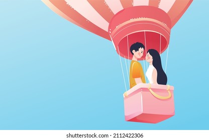 A couple flying in the sky in a hot air balloon, vector illustration