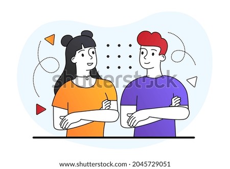 Couple with folded arms. Two insecure people, shyness. Strangers chatting, tense conversation. Boy and girl looking at each other. Cartoon flat vector illustration isolated on white background