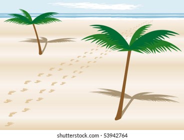 Couple of footprints on a beach with palmtrees