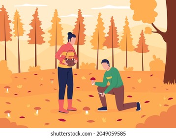 Couple foraging mushrooms flat color vector illustration. Recreational activity in autumn. Together in fall woods. Boyfriend and girlfriend 2D cartoon characters with landscape on background