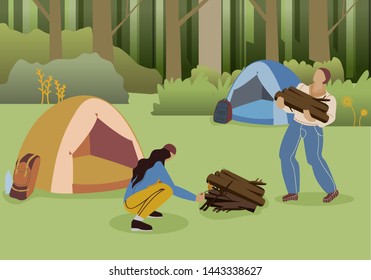 Couple Forest Camping Flat Vector Illustration. Man and Woman Cartoon Characters Making Fire. Young Guy Bringing Firewood for Campfire. Campers Summer Holiday, Backpackers Recreation in Tent