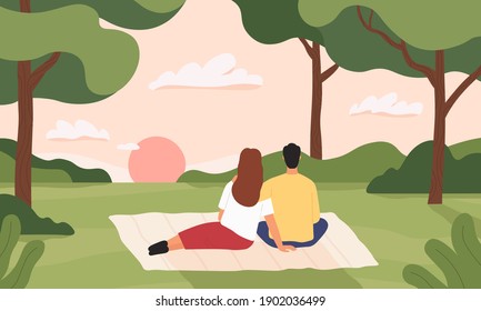 Paar im Wald. Mann und Frau umarmten und schauten sich den Sonnenuntergang im Park an. Romantisches Picknick in der Sommerwaldlandschaft. Liebe Date Vektor Konzept. Paar Frau und Mann in der Waldgrafik