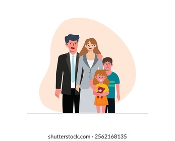 a couple in formal attire are standing side by side, they have a son and daughter, the daughter is carrying a doll.
design, vector, illustration