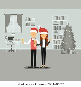 couple in formal clothes celebrating christmas with champagne glass and both of them with christmas hat on colorful scene in home