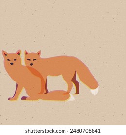 Couple of fox isolated transparency overlap illustrations with risograph effect on old paper background have blank space.
