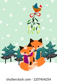 A couple fox  is sitting under mistletoe. Cute Christmas concept.