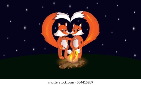 Couple of foxes in love. Frying marshmallow at night. Print. Post. Wallpaper. Cartoon. Vector.