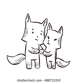 A couple of foxes in love. Hand drawn vector illustration.