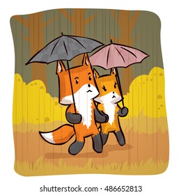 Couple of foxes under the umbrella. Hand drawn vector illustration.