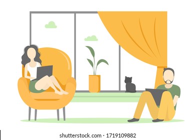 Couple of freelancers working home. Vector illustration.