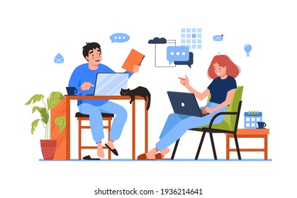 Couple freelancers working together in home or office isolated cartoon workers. Vector people with laptop computers, cat and coffee on table. Colleagues chatting online, internet students discussion
