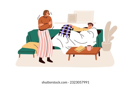 Couple freezing, shivering from cold at home in frost season. Man, woman warming with blankets, plaids, clothes in chill cool apartment. Flat vector illustration isolated on white background