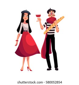Couple of French characters, woman dressed in Parisian style, mime with wine and baguette, cartoon vector illustration isolated on white background. Typical French characters, fashionmonger and mime