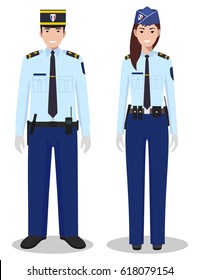 Couple of french policeman and policewoman in  traditional uniforms standing together on white background in flat style. Police concept. Flat design people characters. Vector illustration.