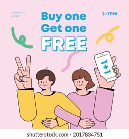 Couple or friends with arms crossed. Buy one and get one free. shopping event. Vector illustration.