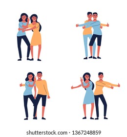 A couple of friends characters. Stock vector illustration of a woman and a man standing together, embracing each other, showing thumbs up and approvement.