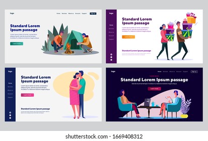 Couple and friends collection. Camping, celebration, pregnant, meeting in cafe. Flat vector illustrations. Love, relationship, communication concept for banner, website design or landing web page