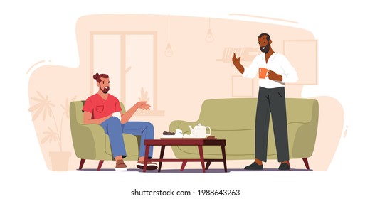 Couple of Friends Drinking Tea at Home. Men Sitting on Couch with Hot Beverages and Communicating. Male Characters Friendship, Chatting, Leisure, Sparetime. Cartoon People Vector Illustration