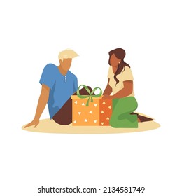 Couple or friends with gift, vector banner.