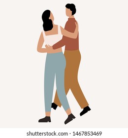 A couple or friends are hugging and looking at each other while walking. Two people hugging. Flat vector isolated illustration.
