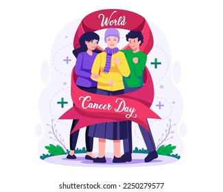 A couple of friends hugging a woman cancer patient wearing a head scarf. wrapped in a big red ribbon. Cancer Day, Supports and Solidarity concept illustration