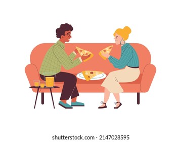 Couple Or Friends, Man And Woman Sitting On Sofa And Eating Pizza Together. People Eat Homemade Or Takeaway Pizza, Flat Vector Illustration Isolated On White Background.