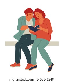 Couple of friends reading together flat vector illustration isolated on white background. Man and woman reading a book the design element for books festivals, fairs and shops.
